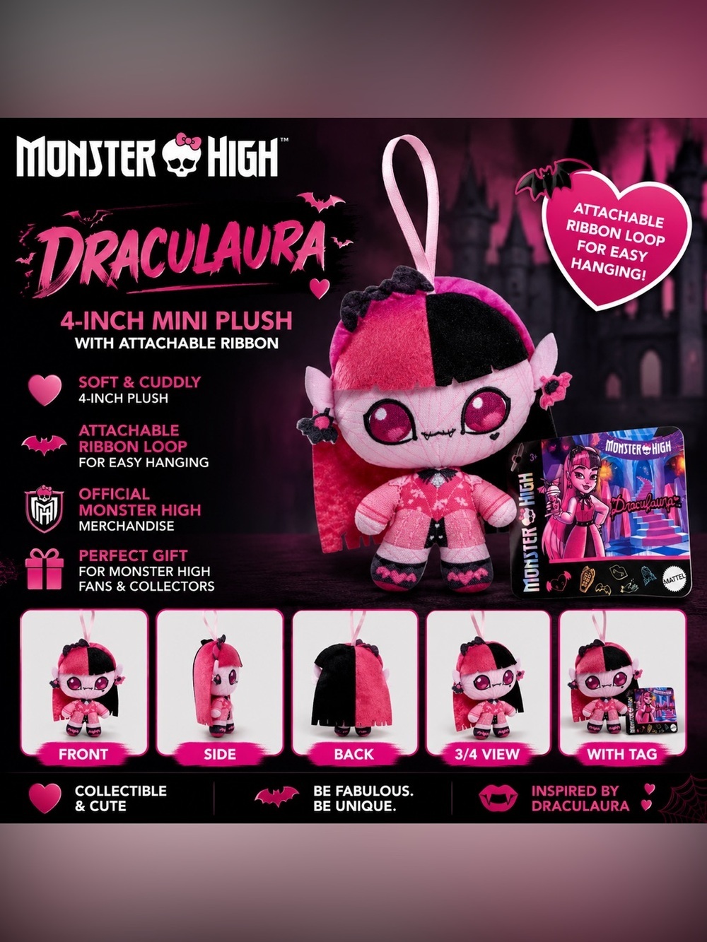 monster high Draculara Plush Keychain - Pink, Black, White